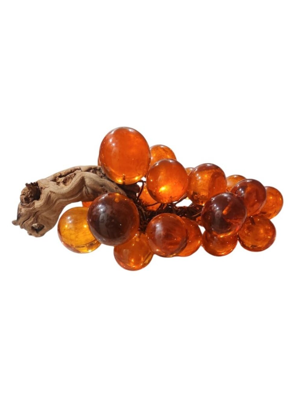 Vintage Large Amber Lucite Grape Cluster on Large Grape Vine, Wood